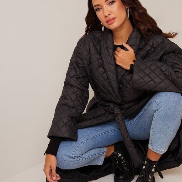 Women Wrap Long Padded Coat Oversize Large L Black Tie Adjustable Pockets - Picture 4 of 15